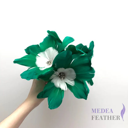 Five Flowers Handmade Double Layer Design Feather Flower Mount #72 green