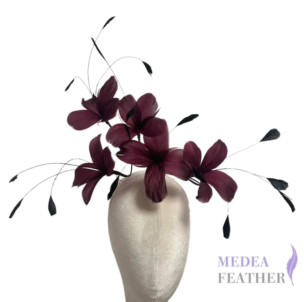 Five Goose Feather Flowers and Long Coque Feather Mount Set DS261029 - #33 dark burgundy as colour 1; #03 black as