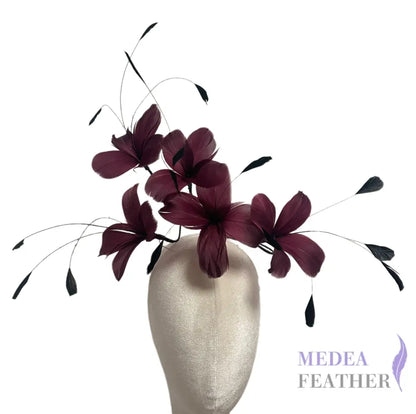 Five Goose Feather Flowers and Long Coque Feather Mount Set DS261029 - #33 dark burgundy as colour 1; #03 black as