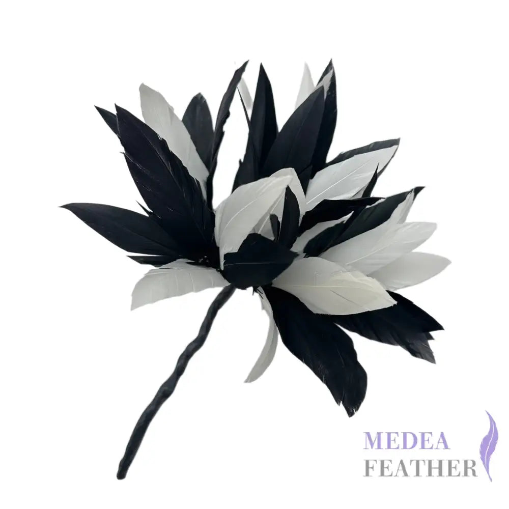 Goose Feather Pom Flower Millinery Hat Mount Black and Ivory