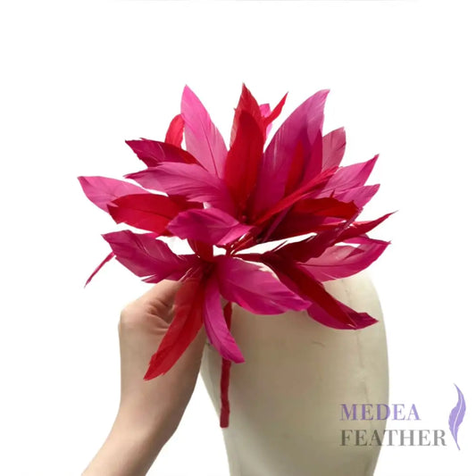 Goose Feather Pom Flower Millinery Hat Mount Red and pink