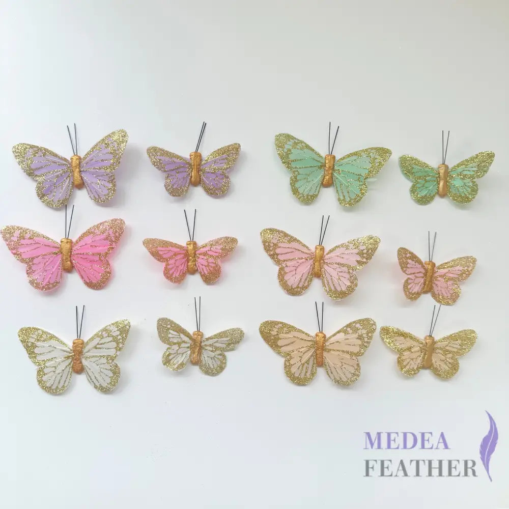 Handmade Glitter Feather Butterflies - Mixed Colors 12 pcs set