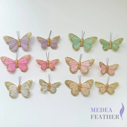 Handmade Glitter Feather Butterflies - Mixed Colors 12 pcs set
