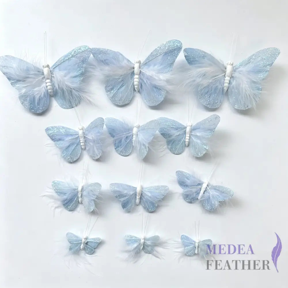 Handmade Pale Blue Glitter Feather Butterflies with Marabou Feathers - 12pcs Set