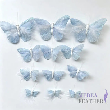 Handmade Pale Blue Glitter Feather Butterflies with Marabou Feathers - 12pcs Set
