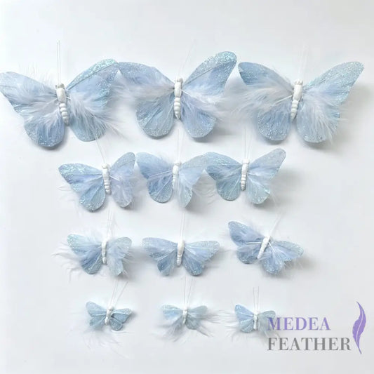 Handmade Pale Blue Glitter Feather Butterflies with Marabou Feathers - 12pcs Set