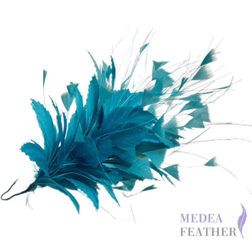 Handmade Triangle Tipped Stripped Coque & Burnt Peacock Feather Flower Mount FM074 Turquoise / Single feather mount