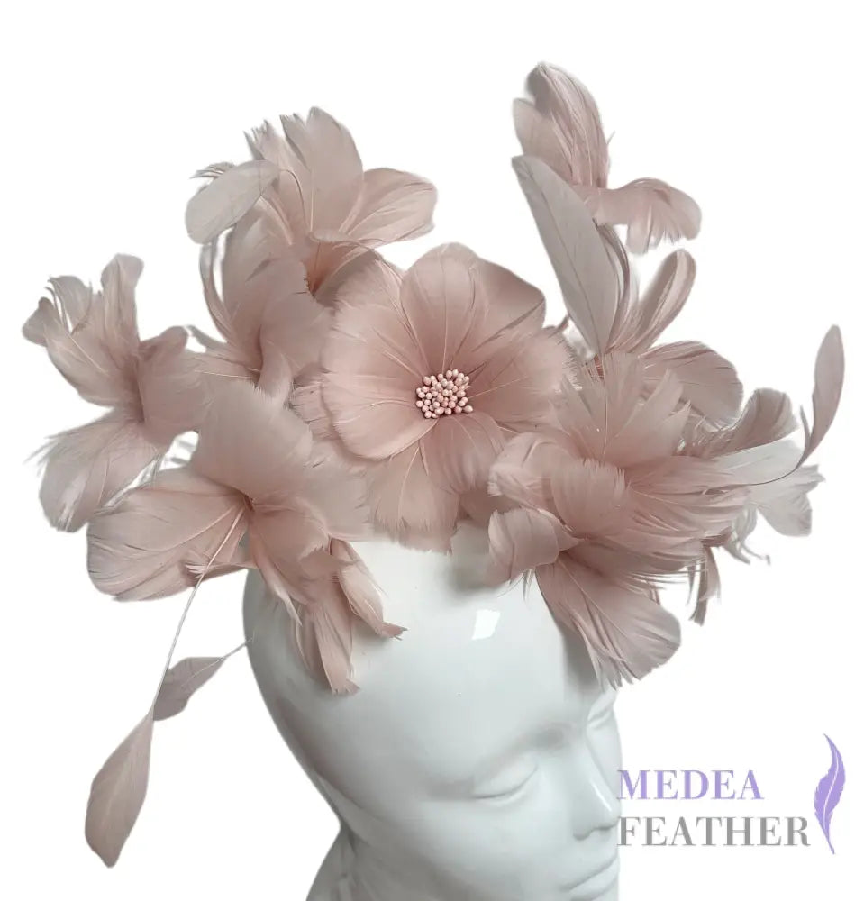 Large Surrounded Feather Flower Set for Millinery & Hat Decoration - DS250606 - #44 pale blush