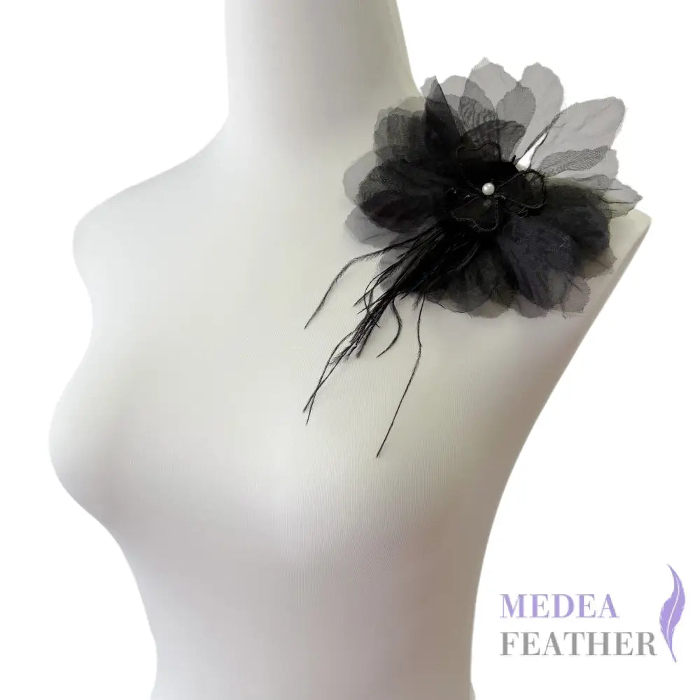 Large Transparent Tulle Flower Applique with Feather Lace Tassel - Black