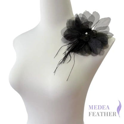 Large Transparent Tulle Flower Applique with Feather Lace Tassel - Black
