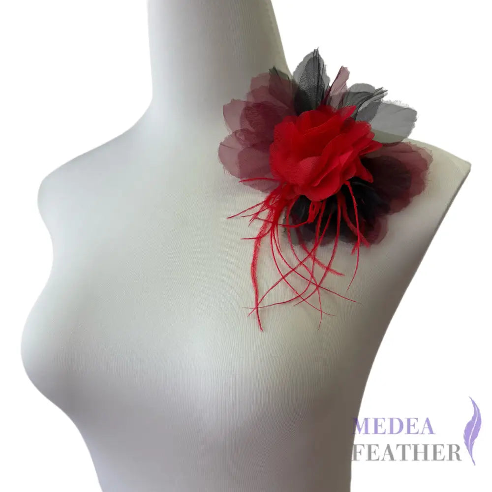 Large Transparent Tulle Flower Applique with Feather Lace Tassel - Black & Red