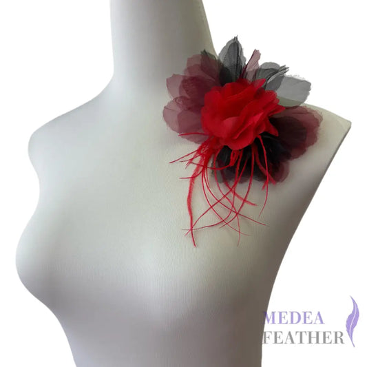 Large Transparent Tulle Flower Applique with Feather Lace Tassel - Black & Red