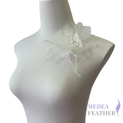 Large Transparent Tulle Flower Applique with Feather Lace Tassel - White
