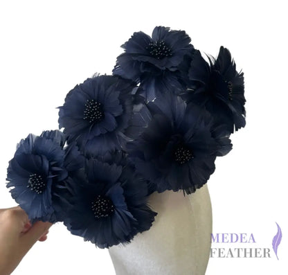 Long-Stemmed Six Feather Flower Round Edge Flower Spray FG260710 - 6 flowers set / Navy