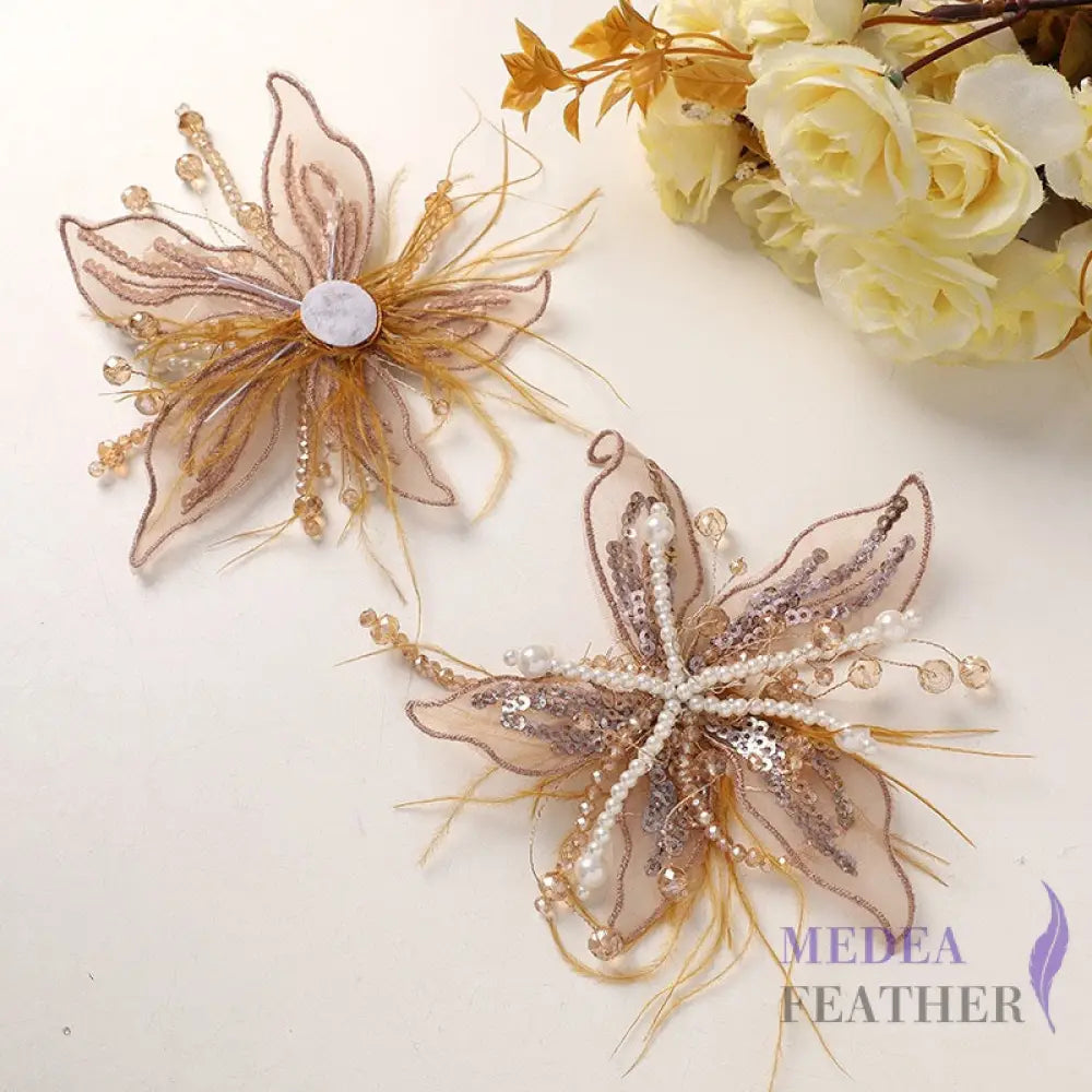 Ostrich Feather and Bead Flower-Pack of 2