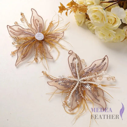 Ostrich Feather and Bead Flower-Pack of 2