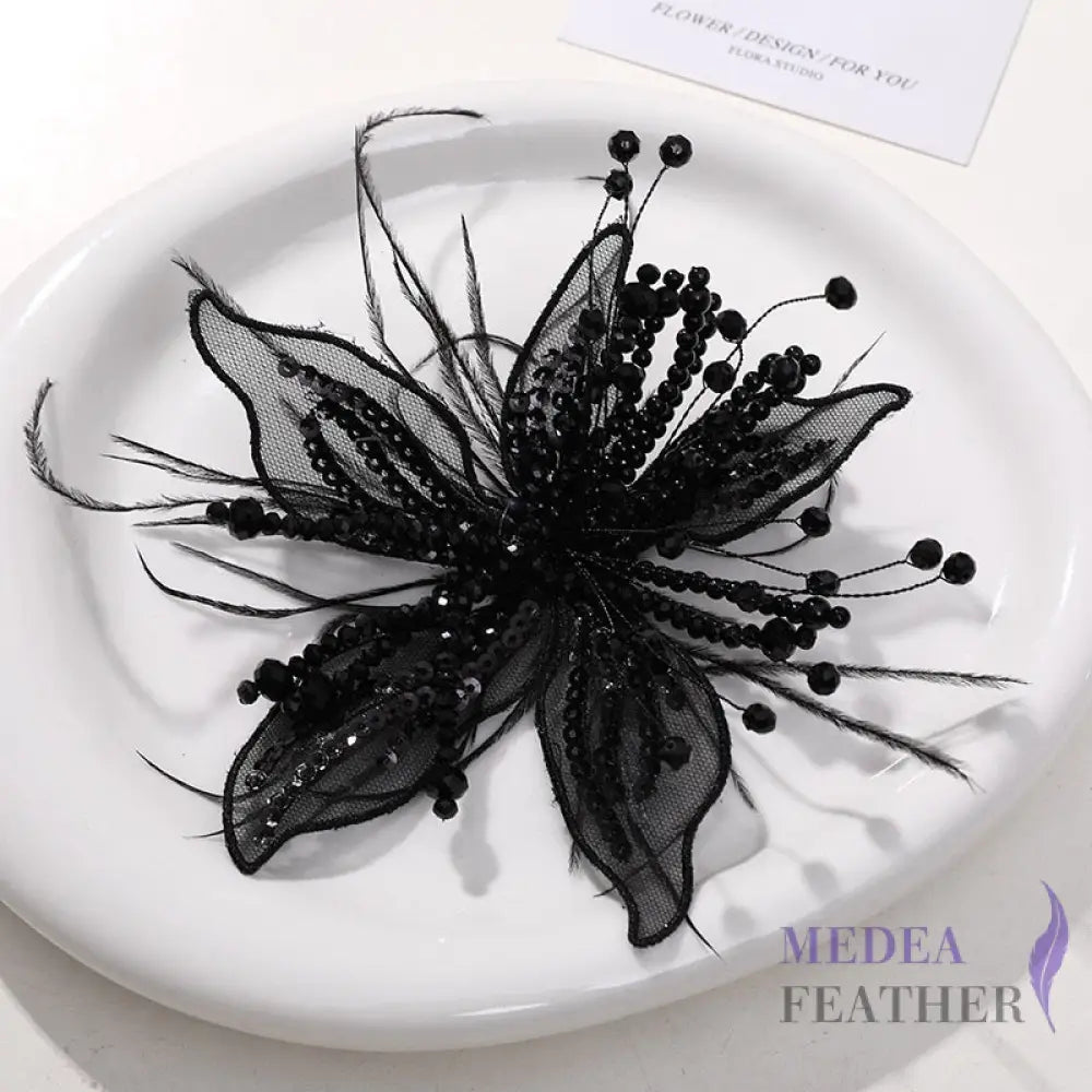 Ostrich Feather and Bead Flower-Pack of 2 Black
