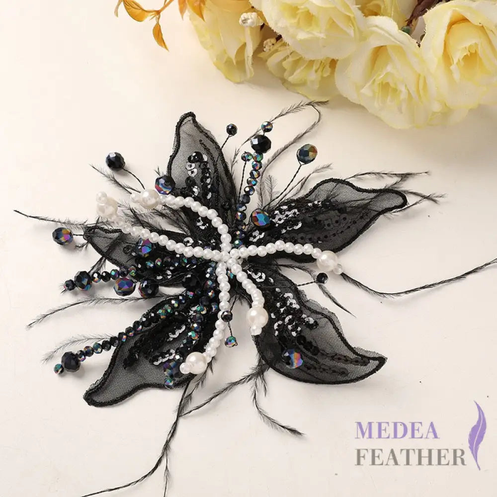 Ostrich Feather and Bead Flower-Pack of 2 Black + white
