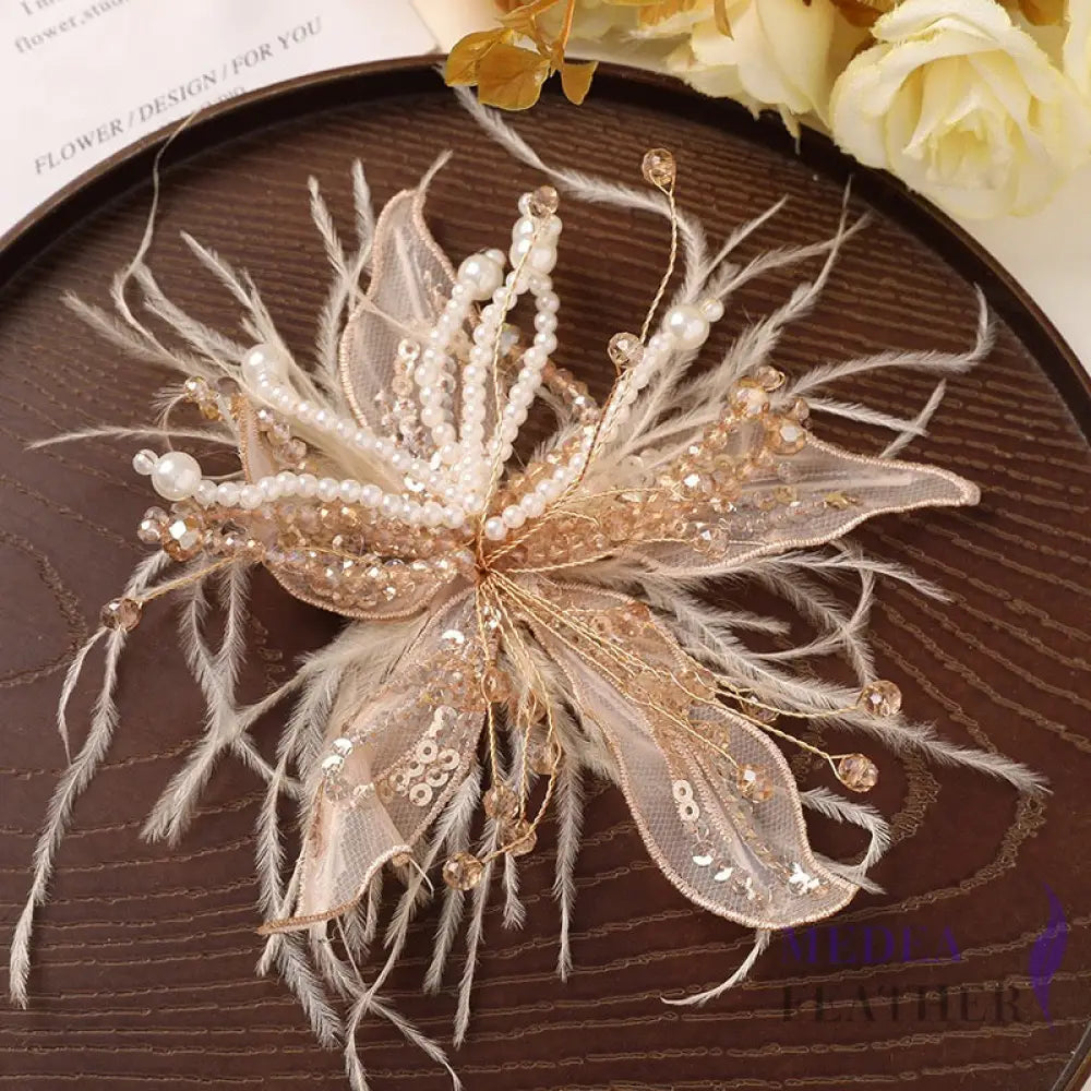Ostrich Feather and Bead Flower-Pack of 2 Gold