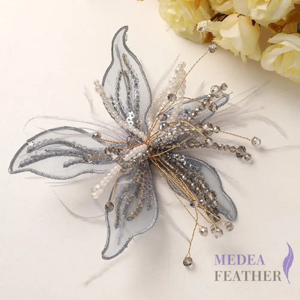 Ostrich Feather and Bead Flower-Pack of 2 Gray