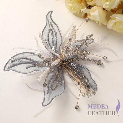 Ostrich Feather and Bead Flower-Pack of 2 Gray