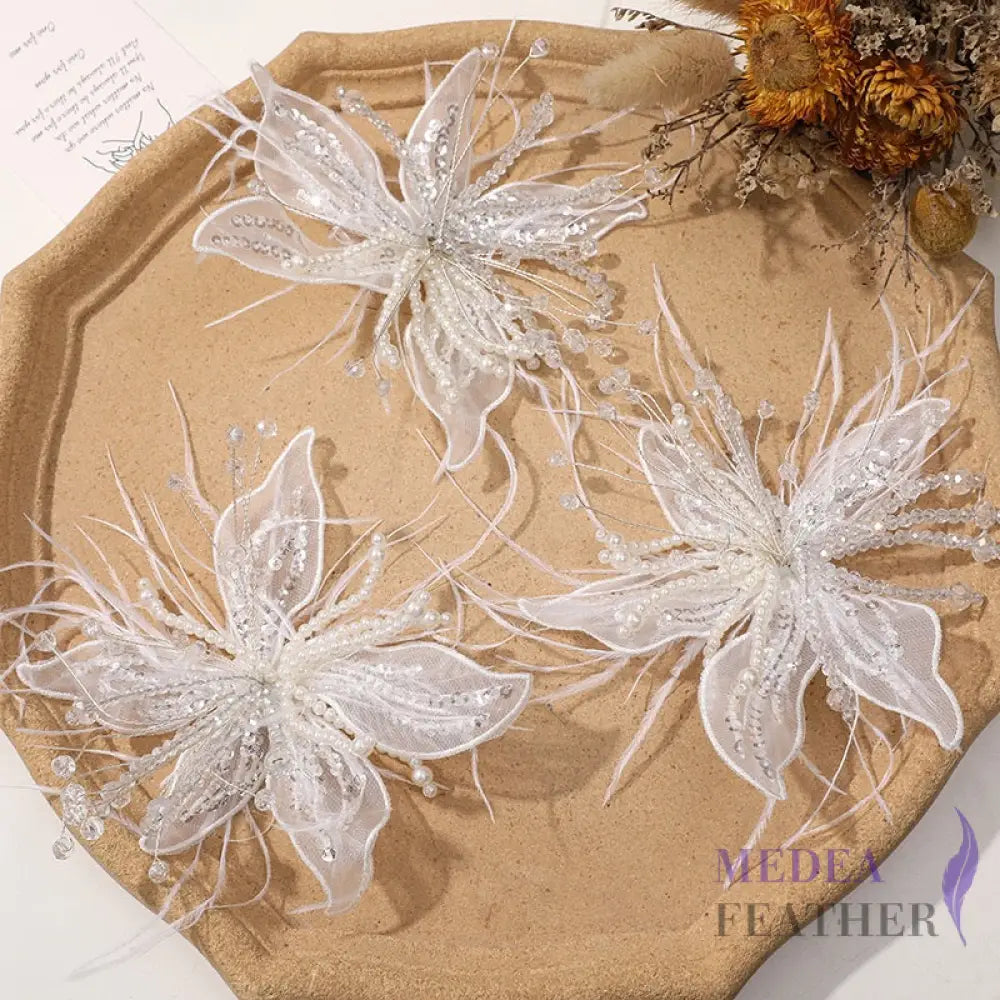 Ostrich Feather and Bead Flower-Pack of 2 White