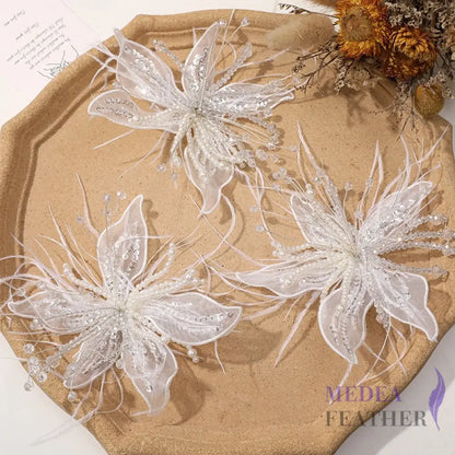Ostrich Feather and Bead Flower-Pack of 2 White