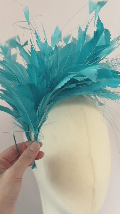 Handmade Triangle Tipped Stripped Coque & Burnt Peacock Feather Flower Mount FM074