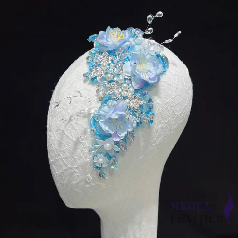 Sewing Blue Flower and Glass Beads Embroidery Applique EA06