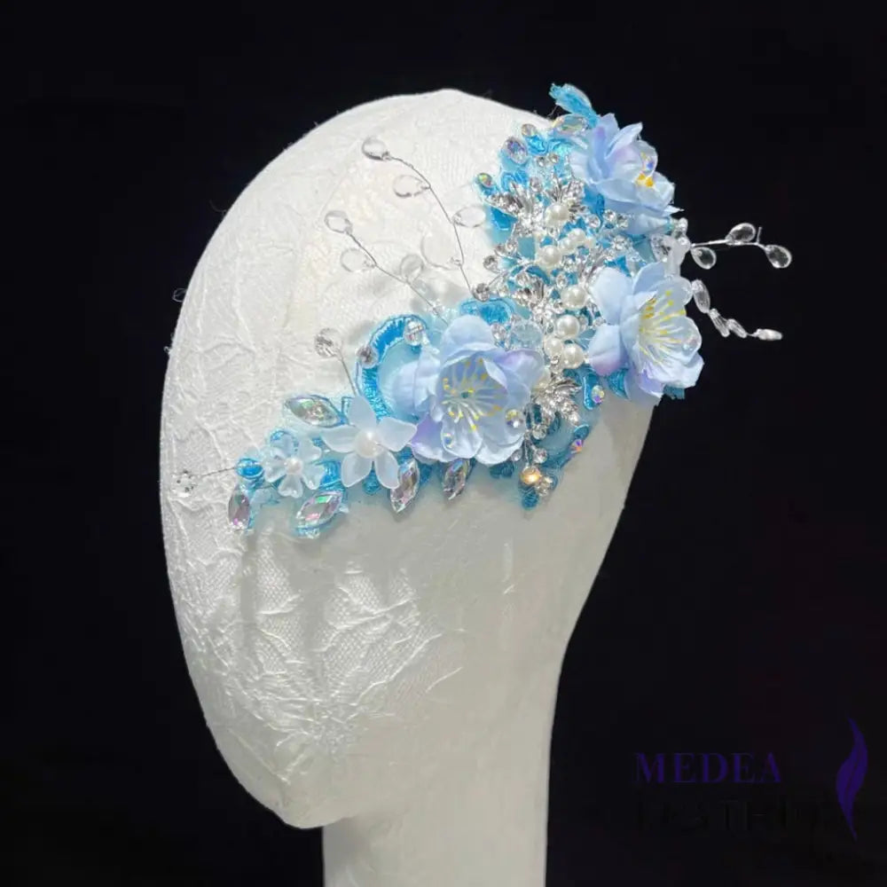 Sewing Blue Flower and Glass Beads Embroidery Applique EA06