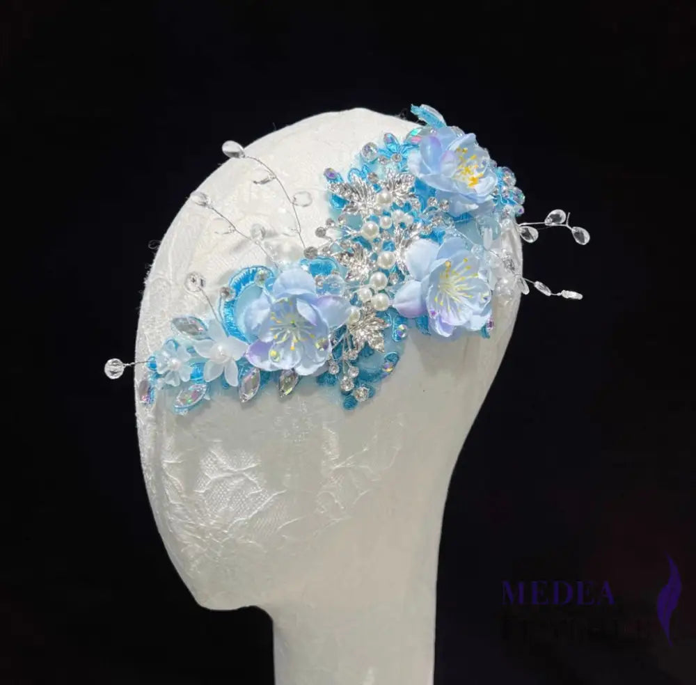 Sewing Blue Flower and Glass Beads Embroidery Applique EA06