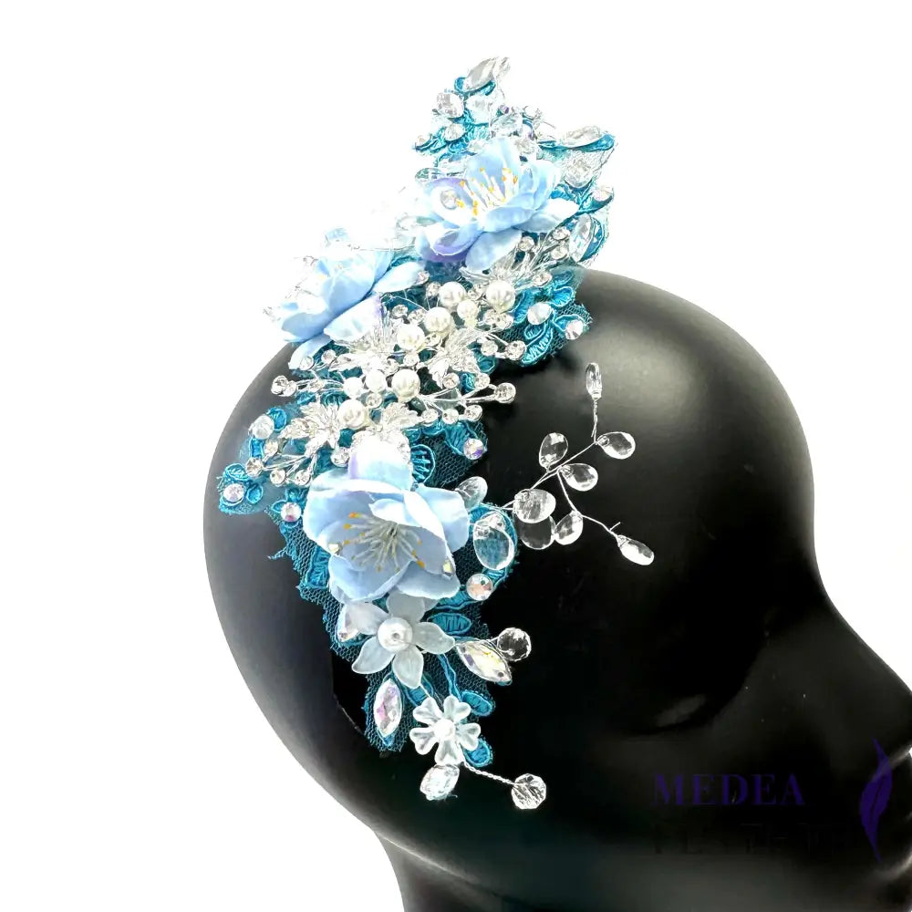Sewing Blue Flower and Glass Beads Embroidery Applique EA06