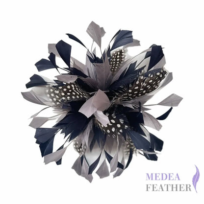 Spiky Centre Goose & Natural Colour Feather Flower Mount 65 Navy & 14 Gray + Dot guinea fowl Feather