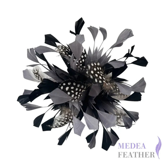 Spiky Centre Goose & Natural Colour Feather Flower Mount 03 Black & 12 charcoal gray + Dot guinea fowl Feather