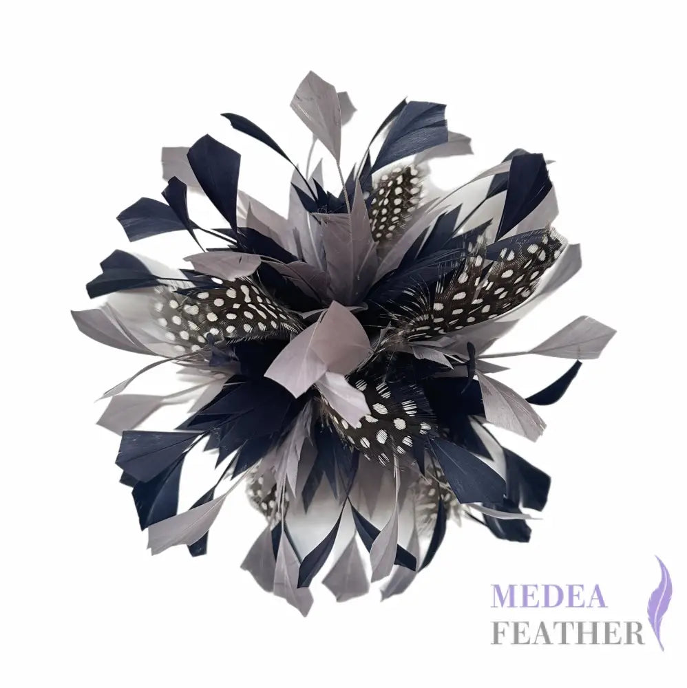 Spiky Centre Goose & Natural Colour Feather Flower Mount 65 Navy & 14 Gray + Dot guinea fowl Feather