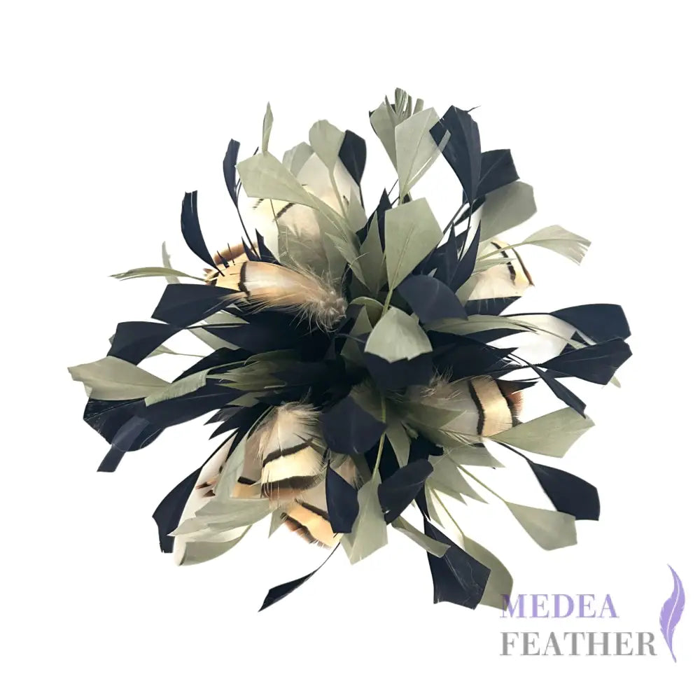 Spiky Centre Goose & Natural Colour Feather Flower Mount 65 Navy & 17 Deep lichen green + Striped French Partridge