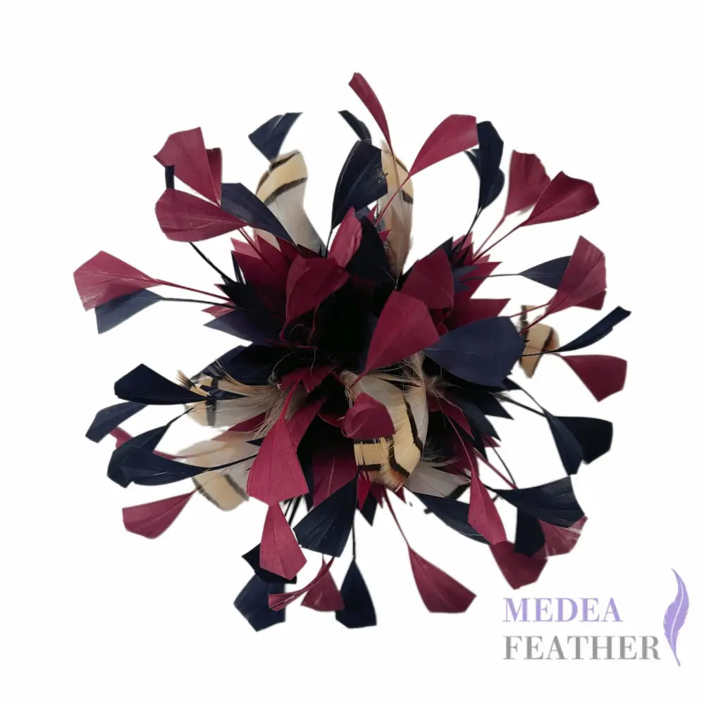 Spiky Centre Goose & Natural Colour Feather Flower Mount 65 Navy & 35 Raspherry + Striped French Partridge Feather