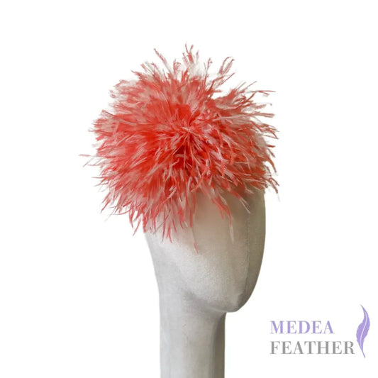 Two-colour 20cm Ostrich Feather Ball Feather Brooch DS26100901 - coral & ivory