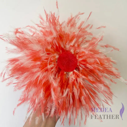 Two-colour 20cm Ostrich Feather Ball Feather Brooch DS26100901 - coral & ivory