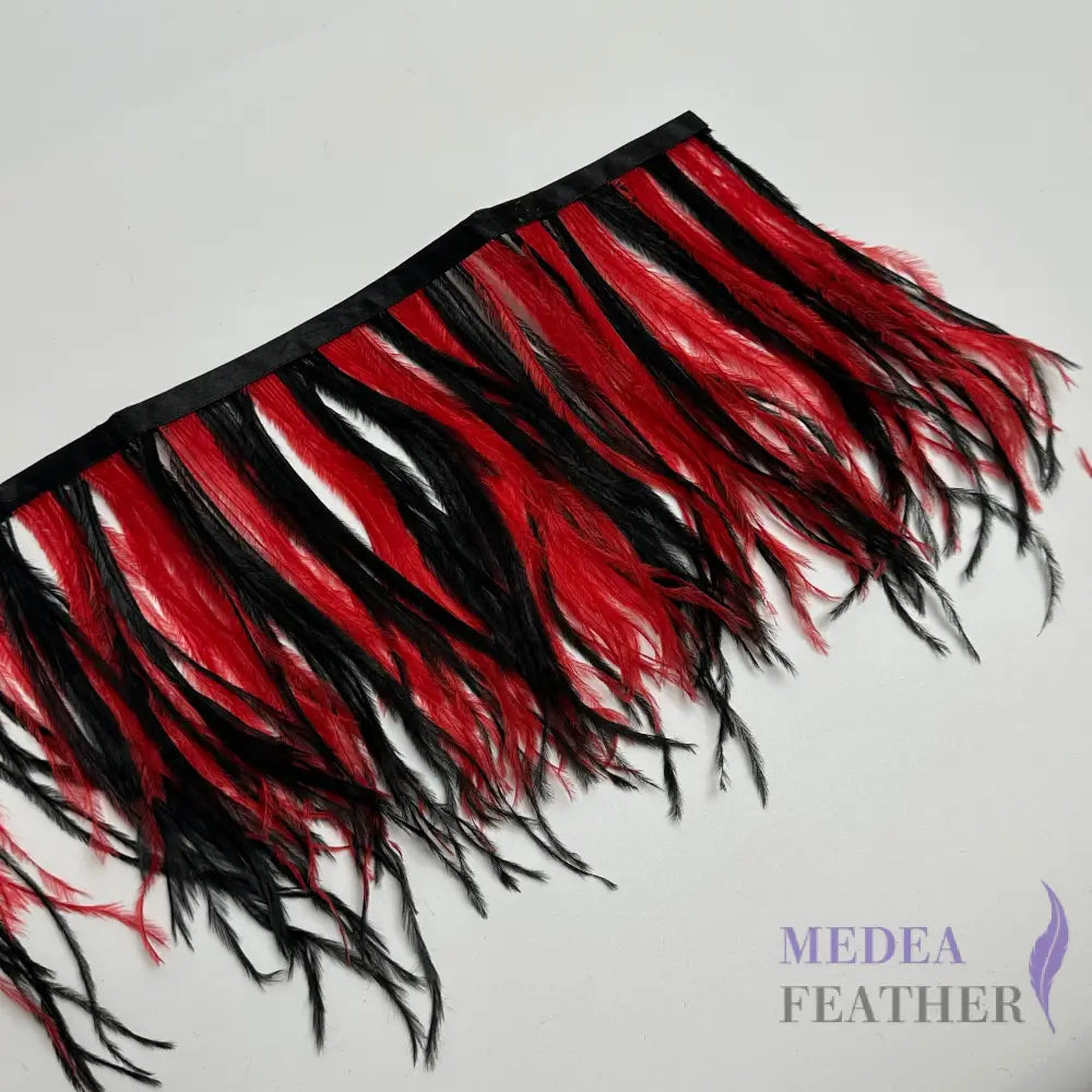 Two colour Natural Dyed Ostrich Feather Fringe Trim 1 Meter Red and Black