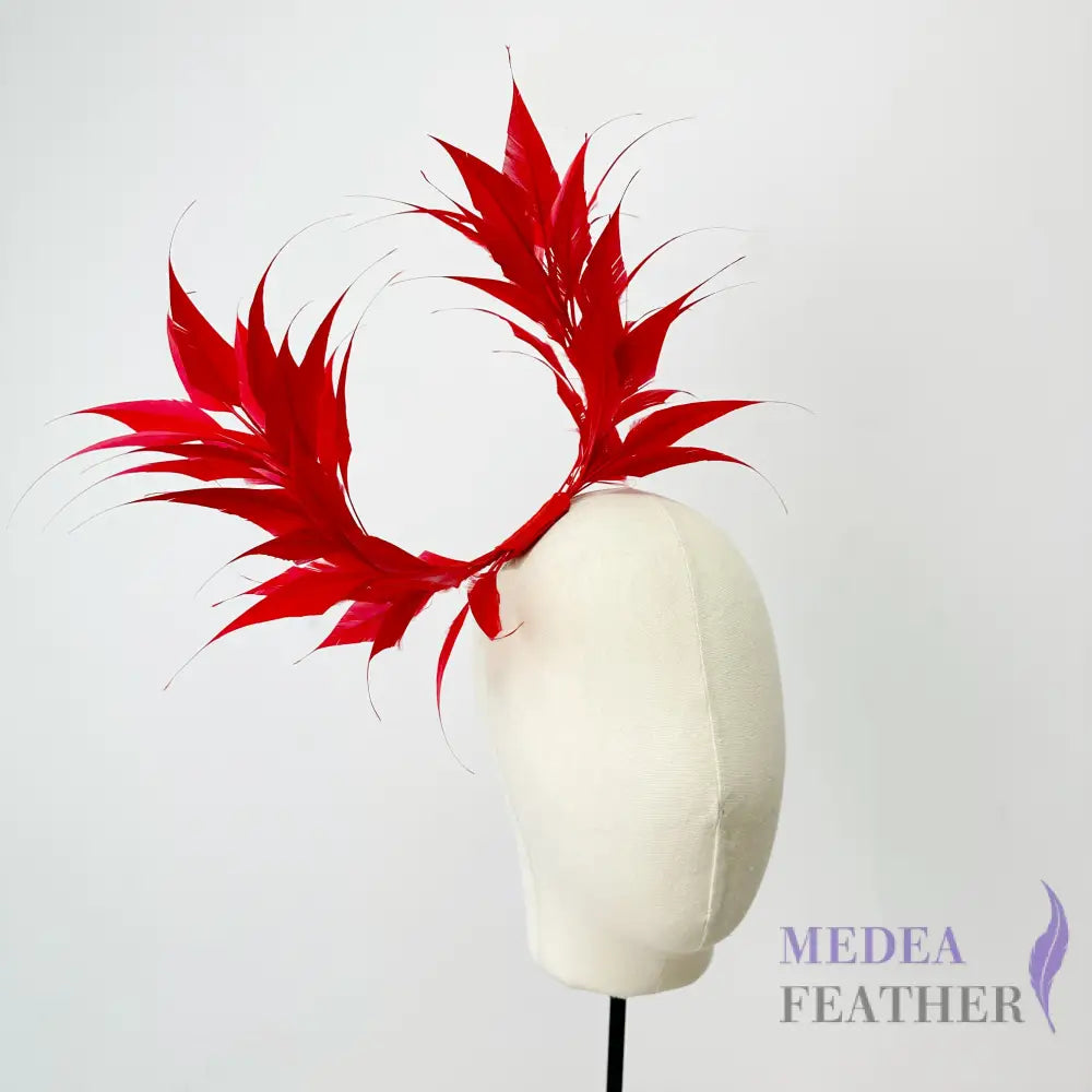 Two sides striped goose feather flower mount with wire accessory #23 tango red