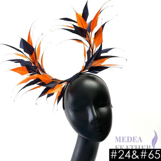 Two sides striped goose feather flower mount with wire accessory #65 navy & #24 carrot mixed