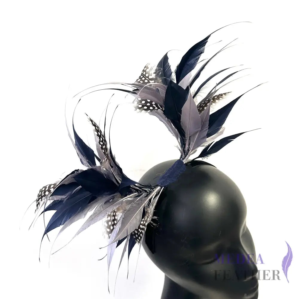 Two End Goose Feather & Natural Colour Feather Mount FM9961 65 Navy & 14 Gray + Dot Guinea Feather
