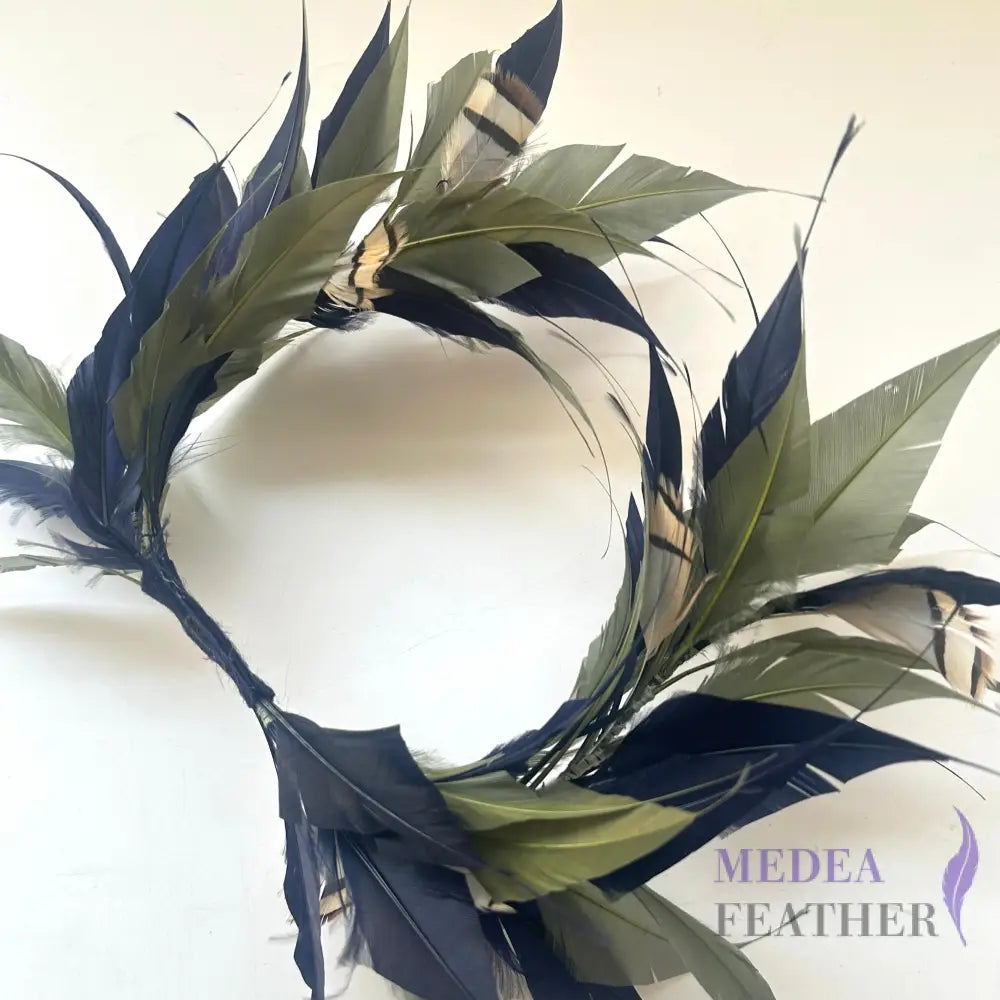 Two End Goose Feather & Natural Colour Feather Mount DS25050G1 - 65 Navy& 17 deep lichen green + Striped French