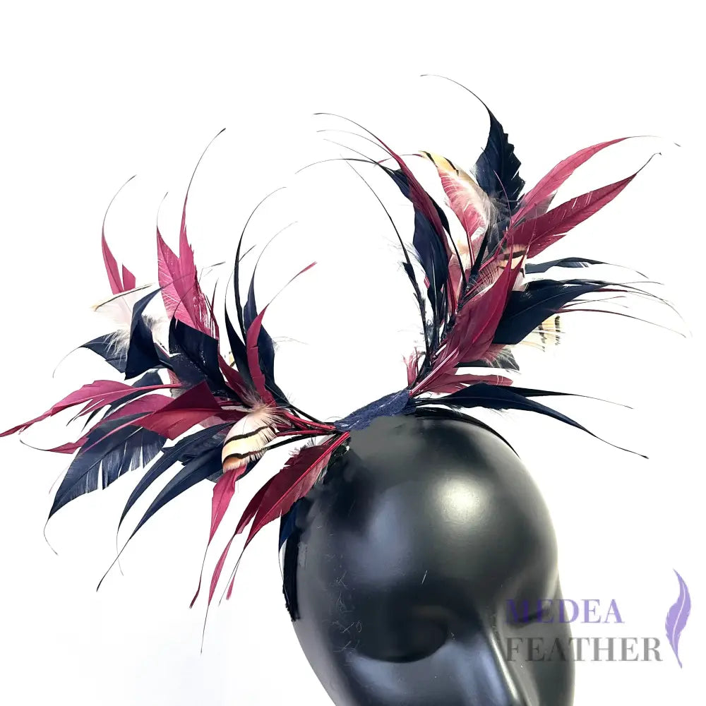 Two End Goose Feather & Natural Colour Feather Mount FM9961 65 Navy& 35 Raspberry + Striped French Partridge Feather